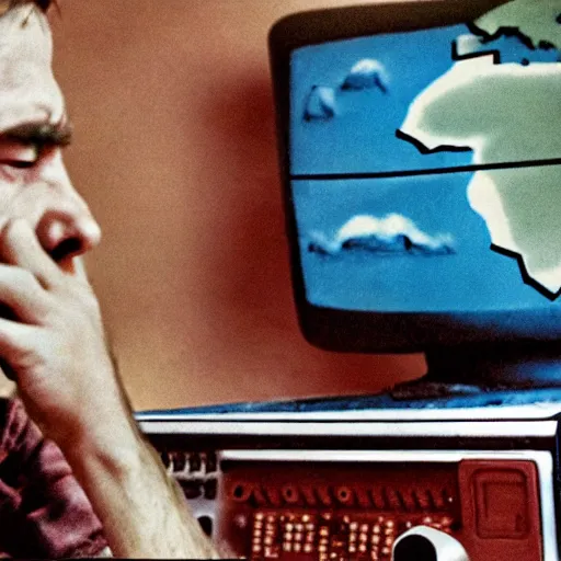 Image similar to a high resolution photo of a sad man watching the end of the world on a vintage computer