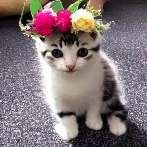 Image similar to a cute kitten with a flower crown