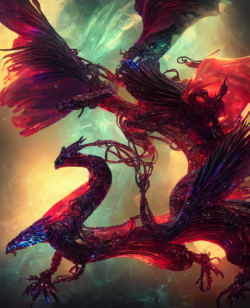 Image similar to close-up macro portrait of the dark queen, epic angle, epic pose, symmetrical artwork, photorealistic, iridescent, 3d with depth of field, blurred background. cybernetic phoenix bird, translucent dragon, nautilus. energy flows of water and fire, by Tooth Wu and wlop and beeple. a highly detailed epic cinematic concept art CG render digital painting artwork scene. By Greg Rutkowski, Ilya Kuvshinov, WLOP, Stanley Artgerm Lau, Ruan Jia and Fenghua Zhong, trending on ArtStation, made in Maya, Blender and Photoshop, octane render, excellent composition, cinematic dystopian brutalist atmosphere, dynamic dramatic cinematic lighting, aesthetic, very inspirational, arthouse