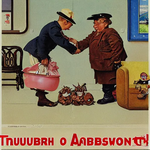 Image similar to Trubbish and Garbodor in the style of Norman Rockwell. Detailed American Painting.