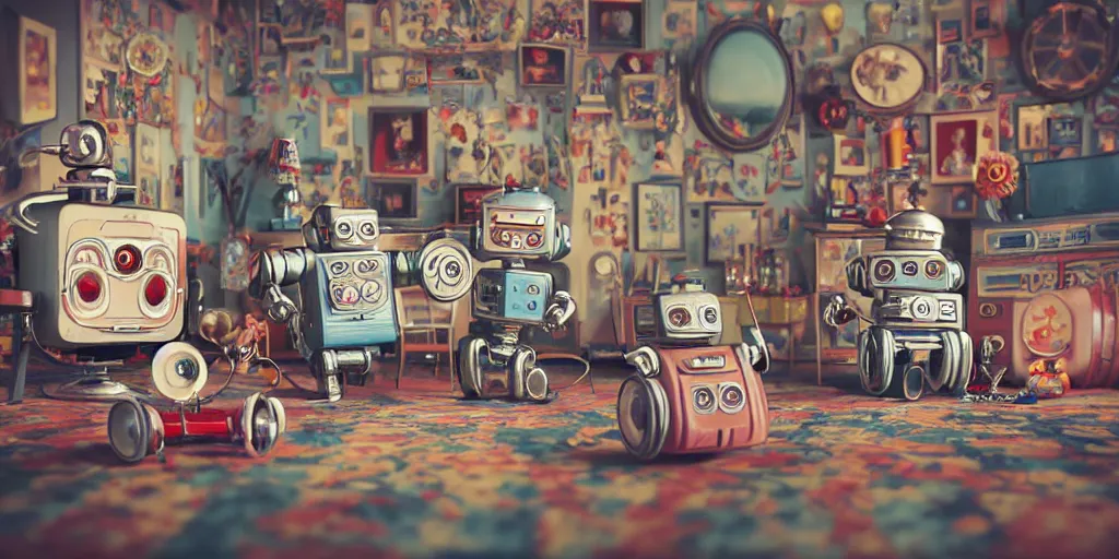 Image similar to closeup portrait of tin toy retro living room of robot family, depth of field, zeiss lens, detailed, centered, fashion photoshoot, by nicoletta ceccoli, mark ryden, lostfish, breathtaking, 8 k resolution, extremely detailed, beautiful, establishing shot, artistic, hyperrealistic, octane render, - h 8 0 4