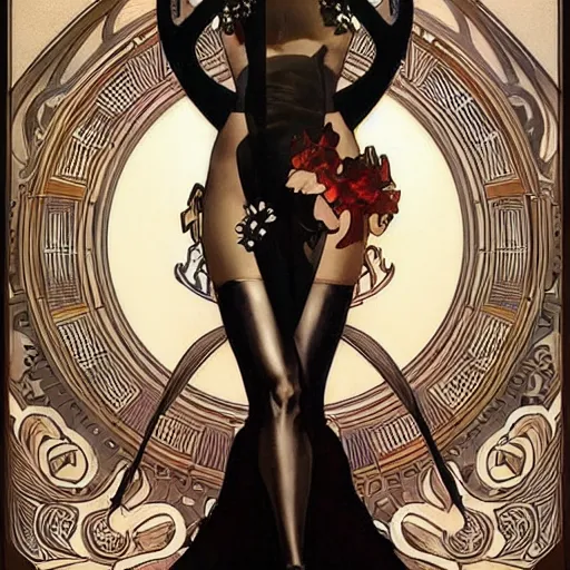 Image similar to deco art by artgerm, greg rutkowski and alphonse mucha. just one black tape project attctive showgirl. full body!! hd, 4 k, stage light. by