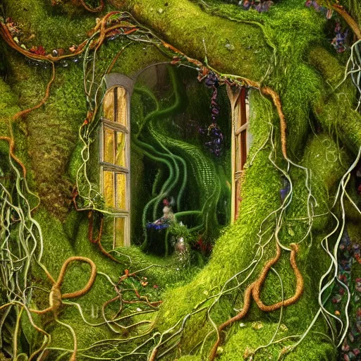 Image similar to a beautiful and highly detailed digital painting of a portal to fairyland, iridescent crystals, moss, multicoloured vines, tangled, the secret garden. intricate details, epic scale, hyperdetailed, hyperrealism,, artstation, cgsociety, 8 k, sharp focus, by caspar friedrich, albert bierstadt, james gurney, brian froud,