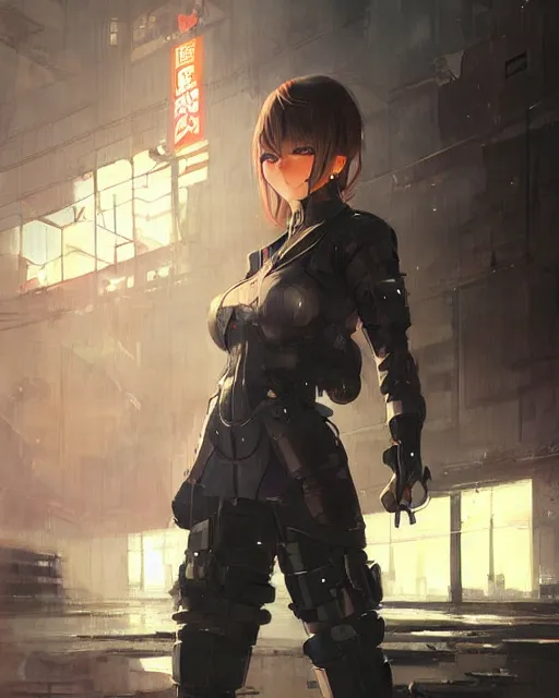 Image similar to full body portrait of anime girl in mechanic armor in night tokyo by greg rutkowski, perfect face, fine details