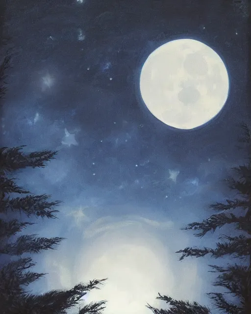 Image similar to painting of a large moon in the sky; the moon is read and has an open eye on it; there is a thin, long, blue cross-shaped star in the sky, anime, detailed, creepy, beautiful