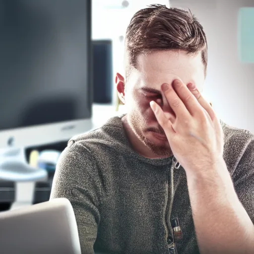 Image similar to detailed photorealistic with bokeh, and cinematic lighting of detailed man sitting while crying because stuck in front of his computer because programming.