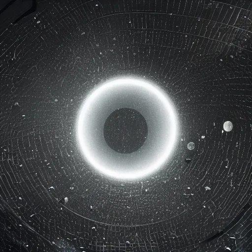 Image similar to a galactic disk - like vortex of metal debris from space stations and other space objects in black, starless space, view from afar, octane render, dark sci - fi movie scene