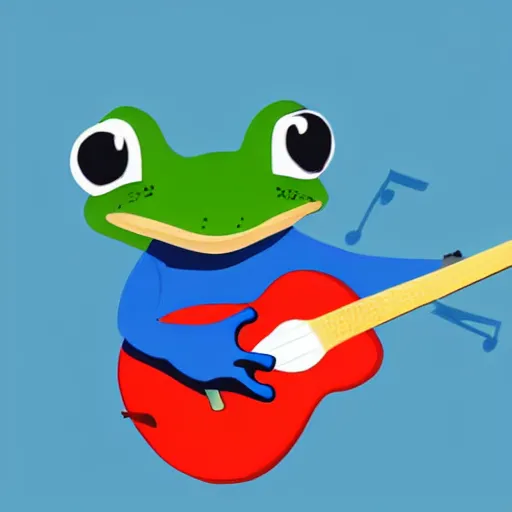Image similar to cute frog playing on guitar, digital art, blue background, modern