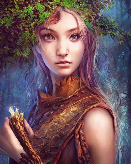 Prompt: portrait high definition photograph cute girl holding a fire fantasy character art, hyper realistic, pretty face, hyperrealism, iridescence water elemental, snake skin armor forest dryad, woody foliage, 8 k dop dof hdr fantasy character art, by aleski briclot and alexander'hollllow'fedosav and laura zalenga