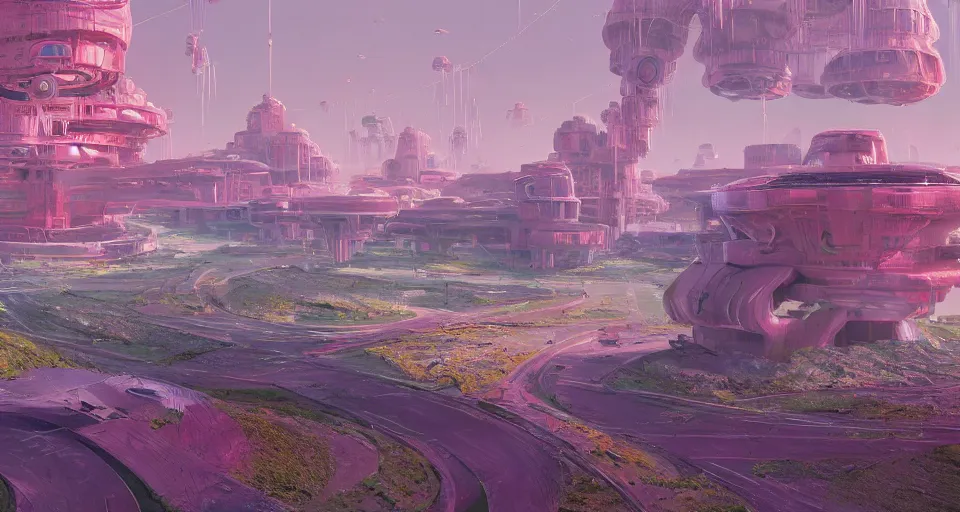 Prompt: Internal landscape view of a Stanford Torus, center composition, cinematic, rendered by simon stålenhag, rendered by Beeple, Makoto Shinkai, syd meade, environment concept, digital art, starwars, unreal engine, 3 point perspective, WLOP, trending on artstation, low level, 4K UHD image, octane render,