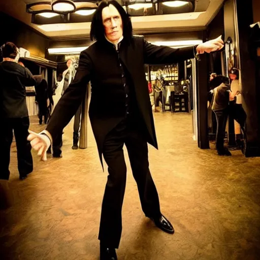 Image similar to Severus Snape dance in a bar, neon, realistic, full body, very detailed, super realistic