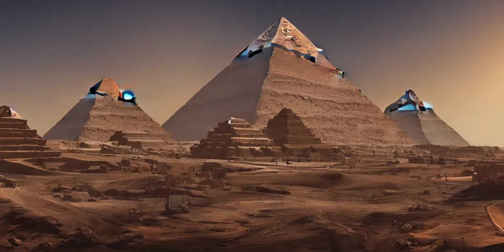 Image similar to a beautiful view of a spaceport at the pyramids, matte painting, cinematic lighting, hyper - detailed, 4 k, scifi