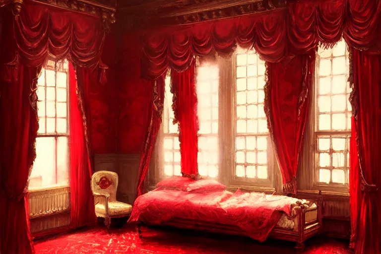 Prompt: an ornate red victorian bedroom, 1 8 9 0, key visual, conceptart, ambient lighting, highly detailed, digital painting, artstation, concept art, sharp focus, by makoto shinkai and akihiko yoshida and greg manchess