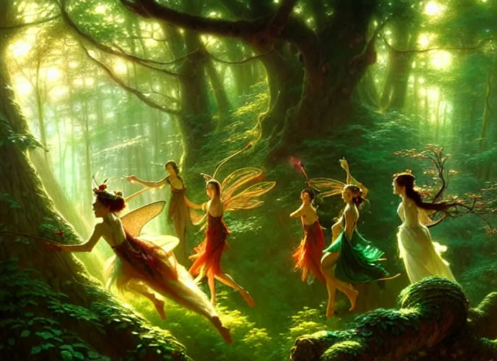 Image similar to an image of a beautiful mythical fantasy forest filled with dancing elves and fairies, by Stanley Artgerm Lau , greg rutkowski, thomas kindkade, alphonse mucha, loish, norman Rockwell