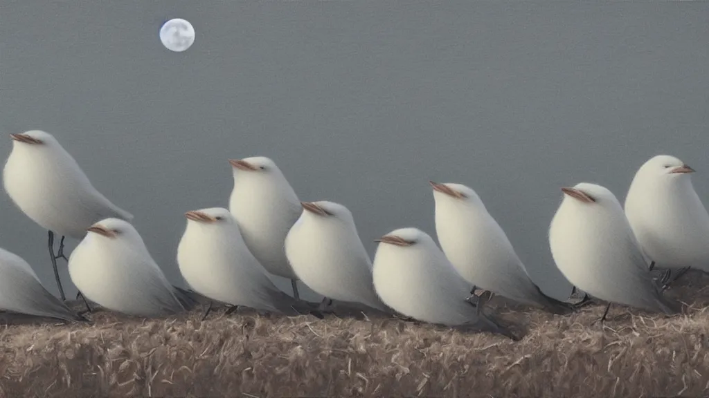 Prompt: a row of fat bearded reedlings, 3 d model, oil painting, midnight, moonlight, full moon, highly detailed, intricate, hyper realistic