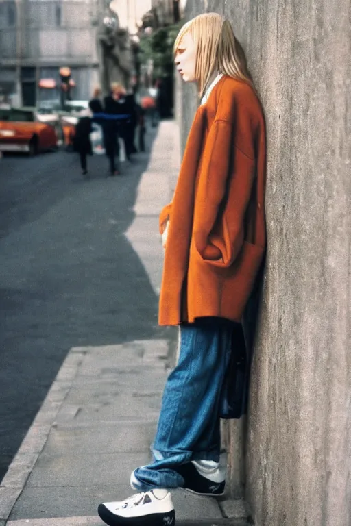 Prompt: high quality realistic street photo of girl, blond hair, clothes in the style of 1 9 9 0, sneakers, lowered socks, loose coat ; kodak ektar, 2 0 0 iso, 3 5 mm lens, bill henson style beautiful chiaroscuro lighting, beautiful colour palette, beautiful and realistic, wide shot