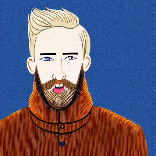 Image similar to A british man, with short blond hair and a very short blond beard wearing a corduroy jacket and turtleneck , blue eyes, pale skin, English heritage, digital art, cartoon, mid-shot, 8k