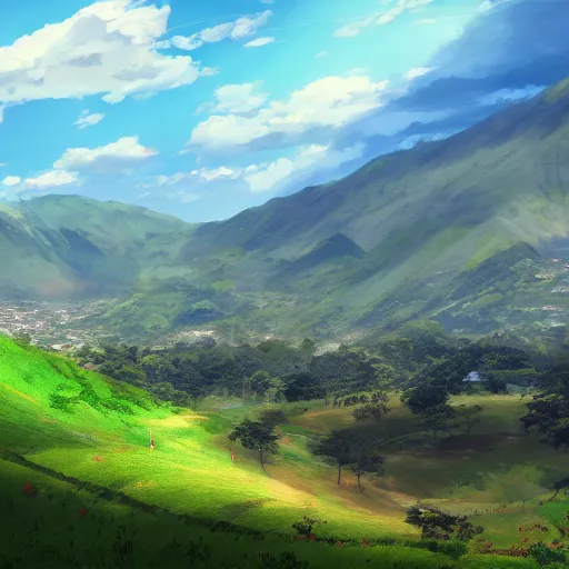 Prompt: norte de armenia quindio en un dia soleado, Artwork by Makoto Shinkai, 8k, official media, wallpaper, hd