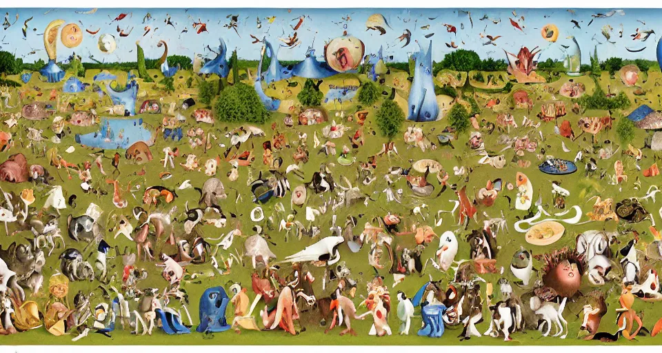 Prompt: The Garden Of Earthly Delights in the style of Richard Scarry, children\'s illustration