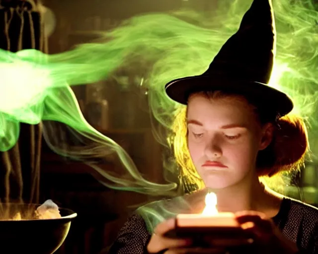 Prompt: close up portrait, calm serious teen witch and her cat mixing a spell in a cauldron, faint wispy smoke fills the air, a witch hat, cinematic, faint green glowing smoke is coming out of the cauldron, ingredients on the table, apothecary shelves in the background, still from nickelodeon show are you afraid of the dark?