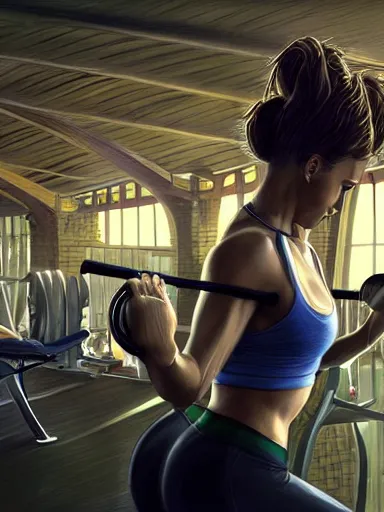 Prompt: a beautiful woman working out in the gym. intricate, elegant, highly detailed, digital painting, artstation, cinematic shot, concept art, sharp focus, illustration, by justin gerard and artgerm, 8 k