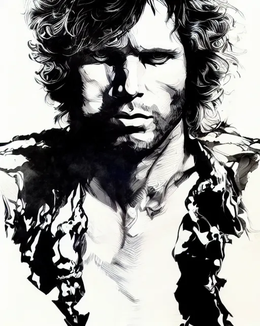 Image similar to portrait of jim morrison, concept art, sumi - e style, intricate linework, artstation, trending, highly detailed, smooth, focus, art by yoji shinkawa and glenn fabry,