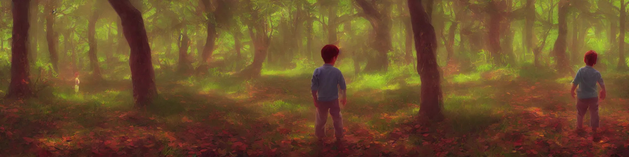 Prompt: a little boy lost in the magic woods, in the style of yanjun cheng, in the style of james gurney, 4 k, iridescent, wide angle, cinematic, atmospheric, anamorphic, film stock, unreal engine