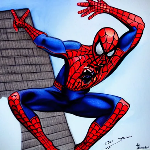 Prompt: realistic drawing of spider man falling from the sky