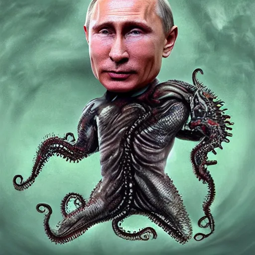 Image similar to vladimir putin became stupid brutal lovecraftian degenerate abomination, photo - realistic, color image, 2 k, highly detailed, horror