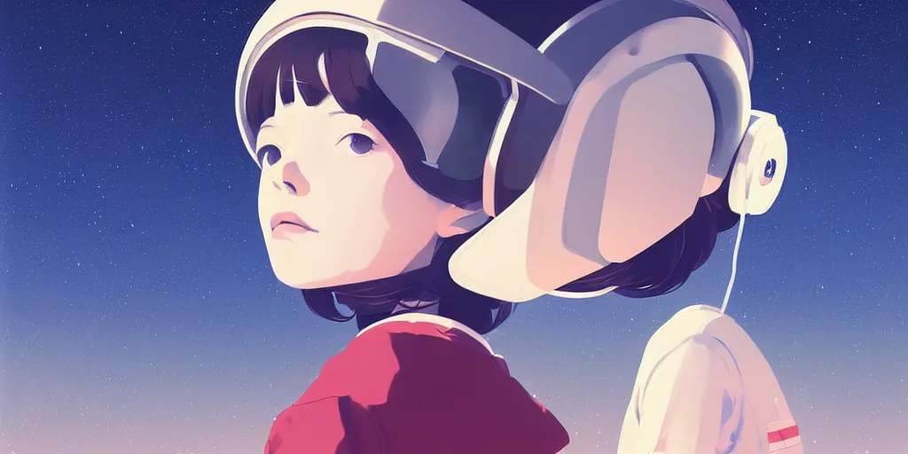 Image similar to portrait of a girl with astronaut helmets by ilya kuvshinov, cloudy sky background lush landscape ln illustration concept art anime key visual trending pixiv by victo ngai fanbox by greg rutkowski makoto shinkai takashi takeuchi studio ghibli