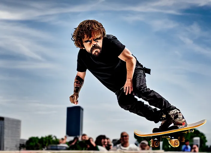 Image similar to dslr photo still of peter dinklage on a skateboard flying through the air, 4 k, 1 2 0 mm f 1 6