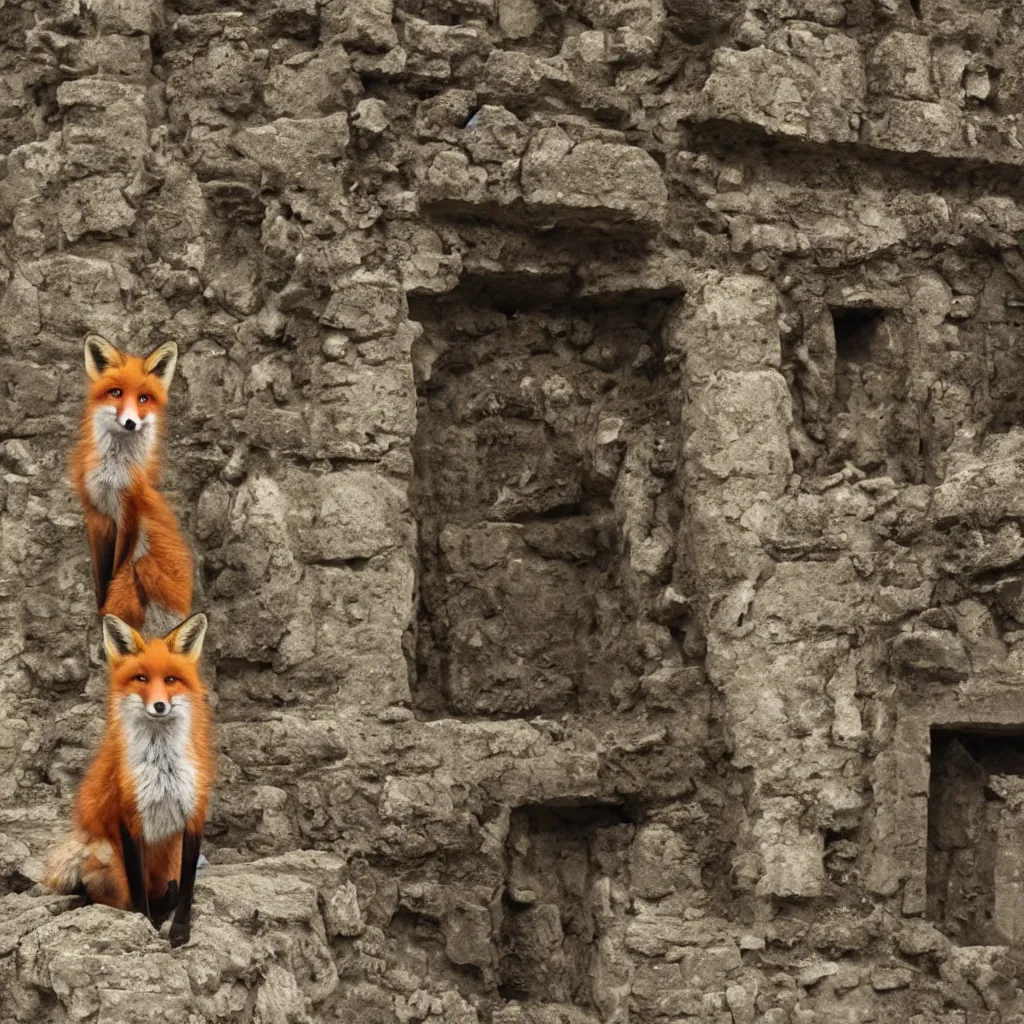 Image similar to anthropomorphic fox explores ancestral ruins, 1 9 3 0 s film still