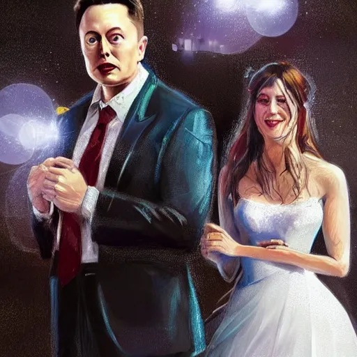 Image similar to Elon Musk in a wedding gown, romantic, concept art trending on artstation, sharp focus, highly detailed