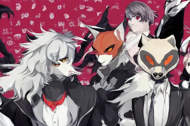 Image similar to a furry tan male fox on a persona 5 : royal ( by atlus ) video game splash screen, a furry male sandcolored tan fox fursona ( has hair ), persona 5 phantom thief style