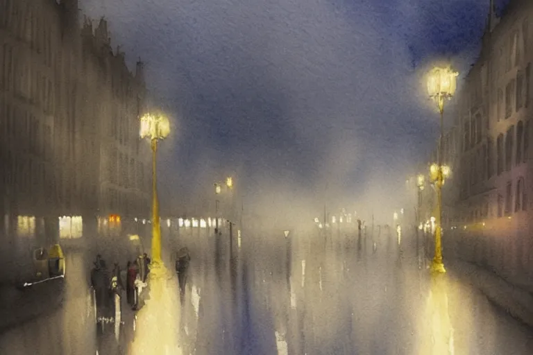 Image similar to a watercolour of rainy night at London ,blue and grey theme by Josepth zbukvic