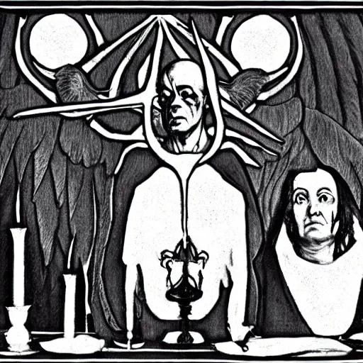 Image similar to aleister crowley and baphomet in the style of american gothic