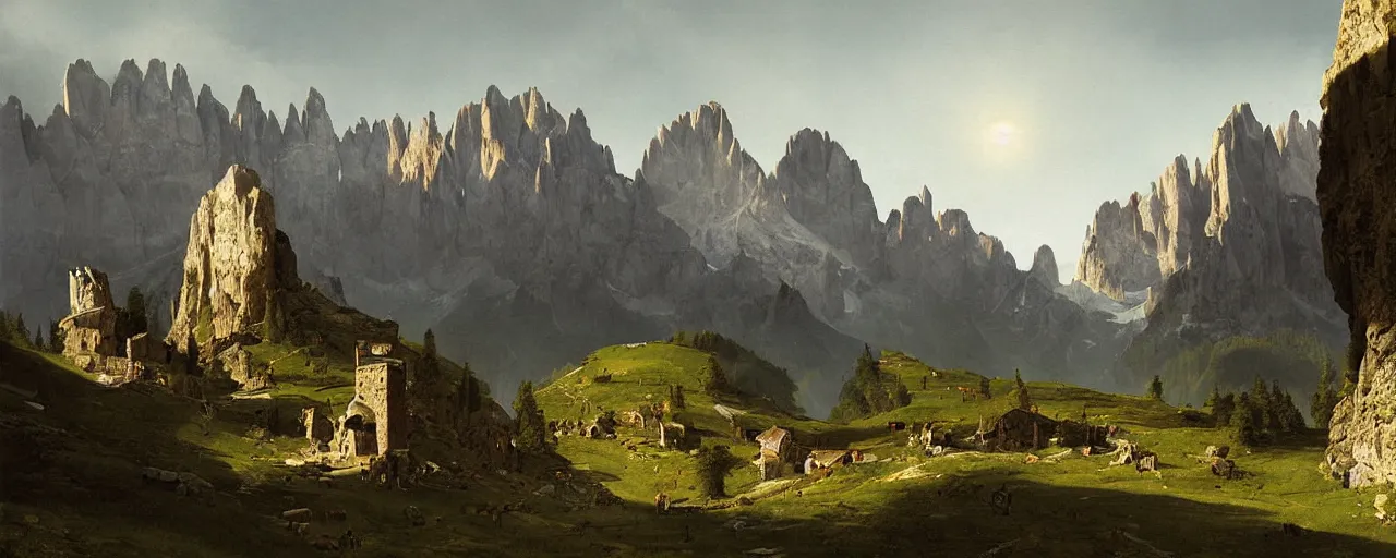 Image similar to dolomites mountain range national geographic photography Bernardo Bellotto digital painting concept art greg rutkowski