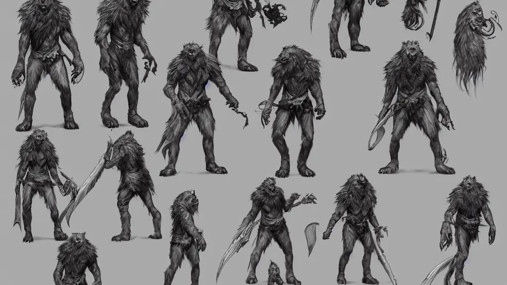 Image similar to a fantasy werewolf berserker character design sheet, trending on artstation