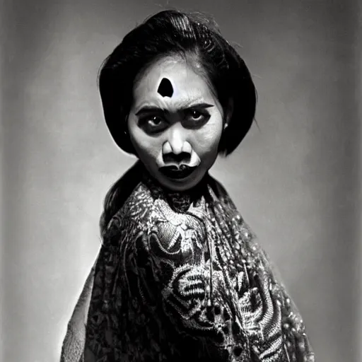 Prompt: A Filipino woman wearing demonic clothes, portrait, by Philippe Halsman