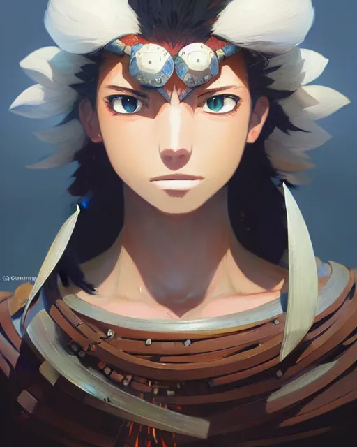 Image similar to azctec warrior, ( coco jones ), detailed perfect face, exquisite details, fire magic, mid view, design on a white background, by studio muti, greg rutkowski makoto shinkai takashi takeuchi studio ghibli