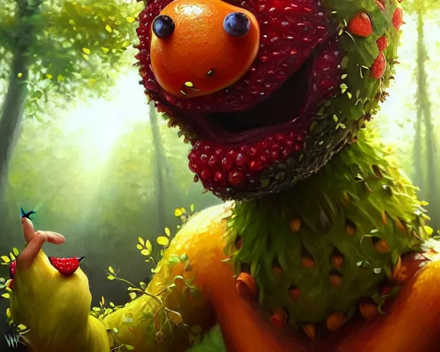 Prompt: a fruit monster made of different fruit, 5 7 9, walking around in forest, detailed mouth, detailed eyes, forest background, trees and flowers, trees in foreground, rays of golden sunlight, oil painting, highly detailed, dramatic lighting, hyperrealistic, smooth, artstation, cgsociety, by artgerm, by wlop