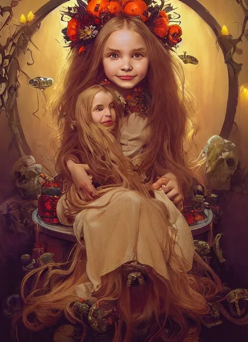 Image similar to a happy little girl with long straight golden blonde hair sitting amidst halloween decor, skulls and pumpkins. beautiful highly detailed face, beautiful painting by artgerm and greg rutkowski and alphonse mucha