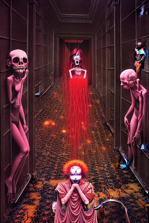 Image similar to a hyperrealistic painting of a haunted hotel lobby with spooky maids and clerk, cinematic horror by chris cunningham, lisa frank, richard corben, highly detailed, vivid color, beksinski painting, part by adrian ghenie and gerhard richter. art by takato yamamoto. masterpiece