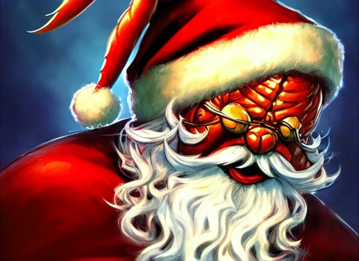 Image similar to magic : the gathering fantasy character concept art of the great anthropomorphic lobster wearing santa outfit by franz frazetta, high resolution. a clear portrait of powerful lobster santa, magical christmas fantasy in background, fantasy coloring, intricate, digital painting, artstation, smooth, sharp focus