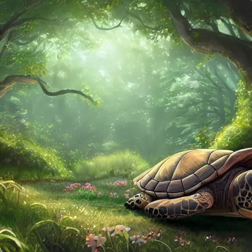 Prompt: a sleepy turtle lying down in its magical forest bedroom, highly detailed, digital art painting, artstation, studio ghibli, gorgeous atmosphere, concept art -W 1024 -n 3 -s 150