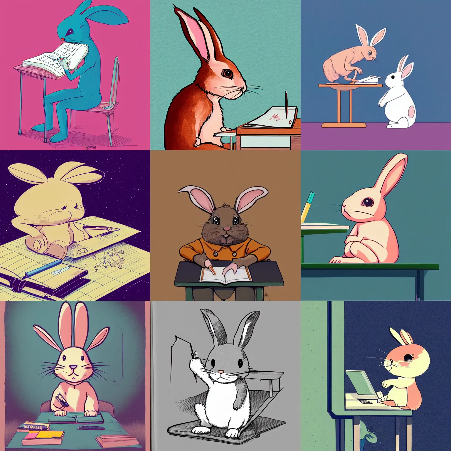 Prompt: a study of cell shaded portrait of a cute cartoon rabbit sitting at a desk writing on a notebook, children’s book illustration, concept art, llustration, post grunge, concept art by josan gonzales and wlop, by james jean, Victo ngai, David Rubín, Mike Mignola, Laurie Greasley, highly detailed, sharp focus, alien, Trending on Artstation, HQ, deviantart, art by antgerm
