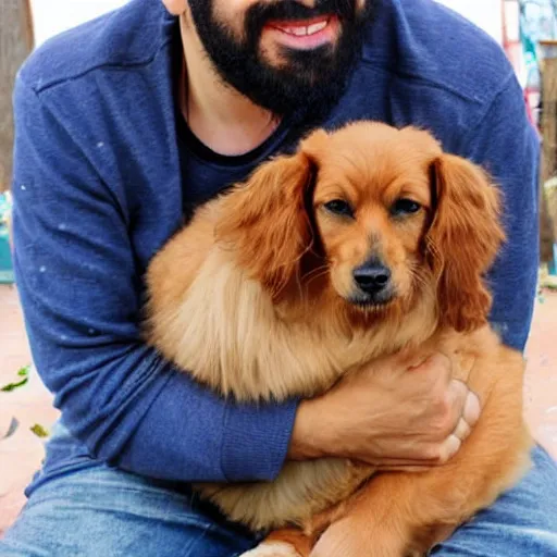 Image similar to half persian man, holding a dog