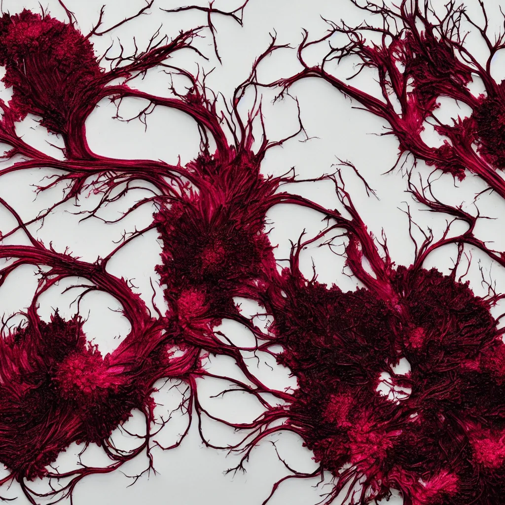 Image similar to embroidered beetroot with fractal roots, black, white and red, food photography. post - production : super detailed : masterpiece