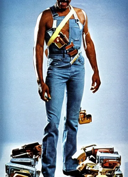 Image similar to an 8 0's john alvin action movie poster starring eddie murphy face as a plumber to rich people. bathroom. overalls. tool belt. the movie is called beverly hills crap