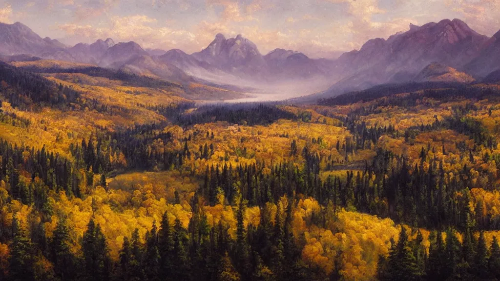 Image similar to The most beautiful panoramic landscape, oil painting, where the mountains are towering over the valley below their peaks shrouded in mist. The sun is just peeking over the horizon and the sky is ablaze with colors. The river is winding its way through the valley and the trees are starting to turn yellow and red, by Greg Rutkowski, aerial view